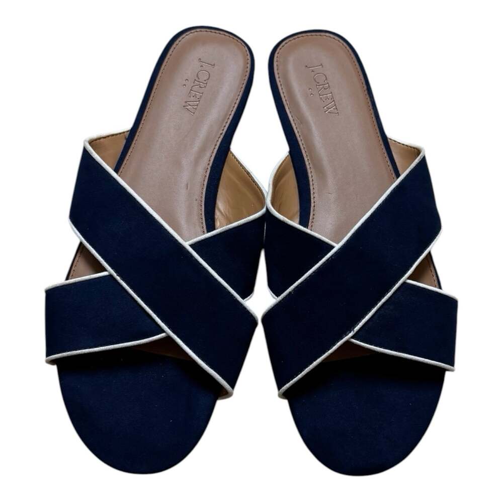 J.Crew Slide Sandals Women’s 11 Navy Blue White Piping Crisscross Textile